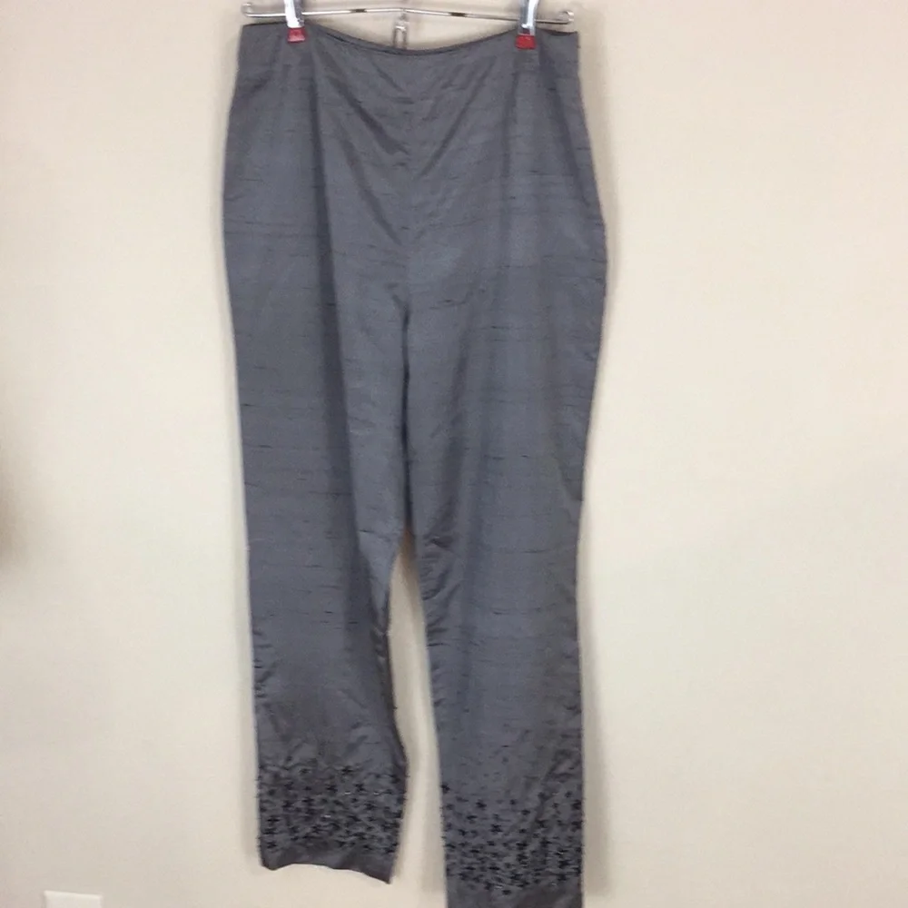 David Brooks Gray Silk Pants with Embroidery and Beading Size 8
